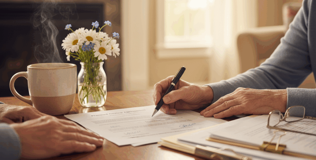 An image of a senior woman signing a document with a financial advisor. There is a steaming cup of coffee and a simple bouquet of flowers on the table.