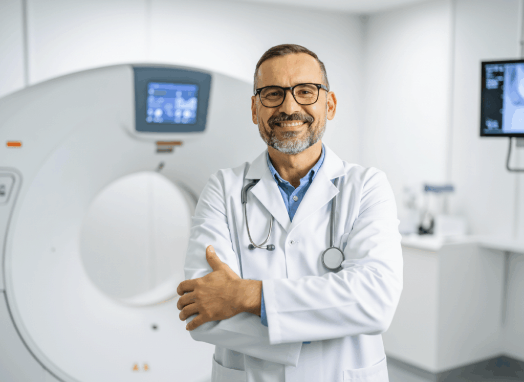 An image of a surgeon smiling standing in front of modern imaging and surgical equipment. The environment is clean and sterile.